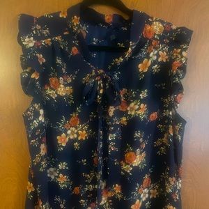 Blue 1X Flutter Sleeve Blue Floral Blouse Plus Size